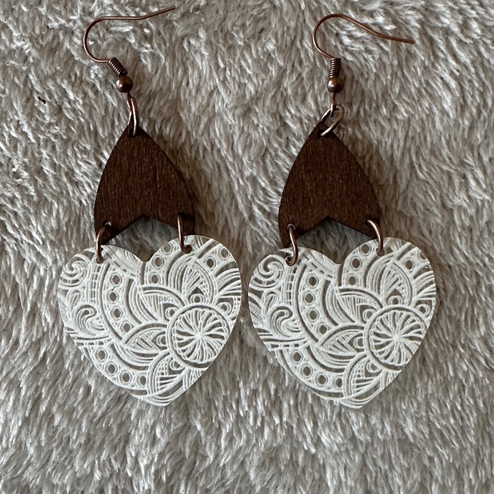 White heart and Wooden accent Earrings